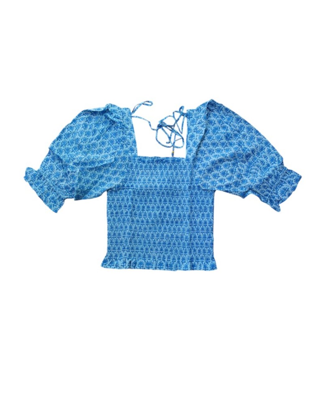 Oliphant Smocked puff sleeves Top in Fern Blue nwt size M